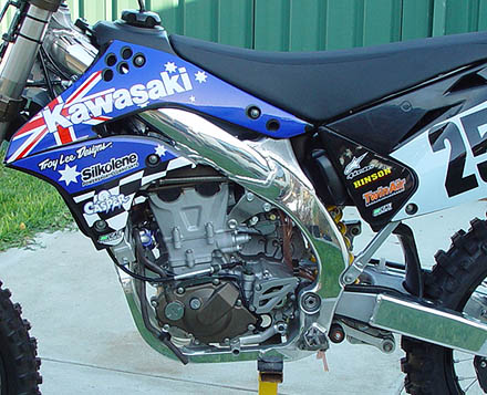 
 Close-up side view 
 Four Stroke Racing 
 2008 Kawasaki KXF 450 SR 
 Rider - Douglas Nowak 
